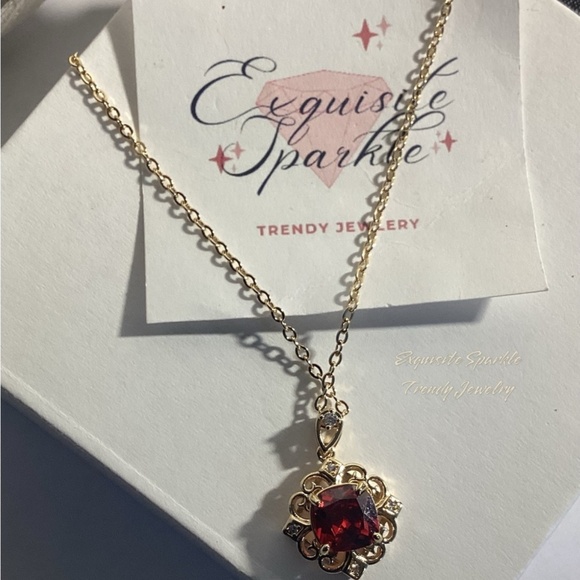 10k Gold Plated Cushion Cut Prong Set Simulated Red Ruby(Cz)Pendant Necklace - Picture 2 of 16